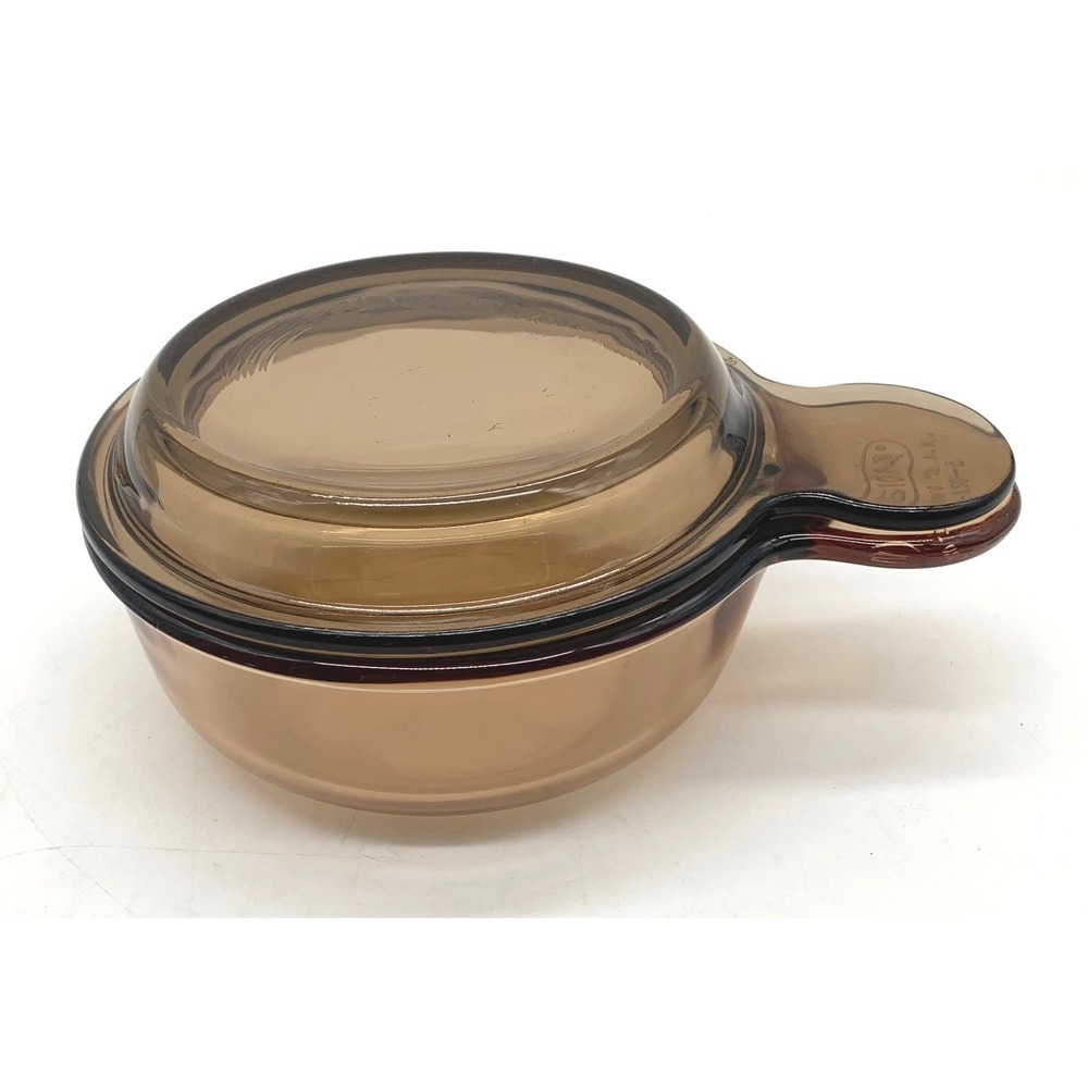 Vintage Corning Visions Amber Grab It Bowl 15oz V-150-B Pyrex Glass Lid P-150-C